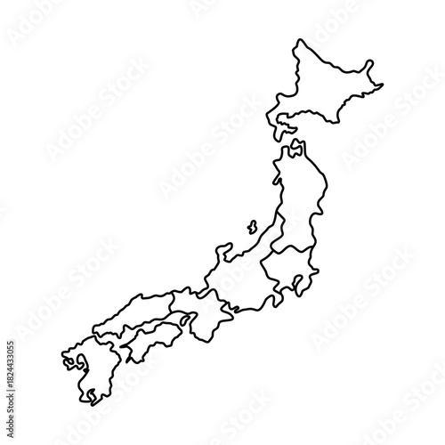 Vector outline illustration of the Japanese archipelago, clearly showcasing the geographical contours of the island nation and its internal administrative prefectural divisions