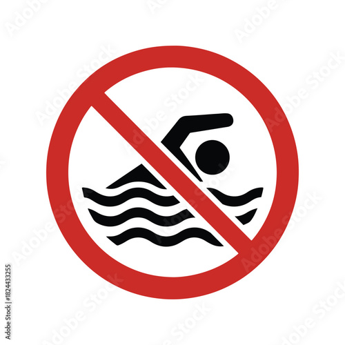 No swimming vector prohibition sign. Dangerous waters, swimming not allowed and risk warning icon.