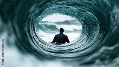 Fototapeta Naklejka Na Ścianę i Meble -  A lone adult man, seen from behind, sits in the water within a powerful ocean wave tube. He wears a dark suit. The background shows a blurred shoreline under an