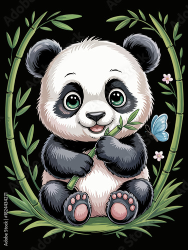 A charming panda is illustrated holding a bamboo shoot, . A small blue butterfly flutters nearby, adding a touch of whimsy.