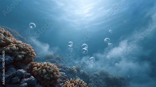 Fototapeta Naklejka Na Ścianę i Meble -  Underwater coral reef with ascending bubbles and sunlight rays