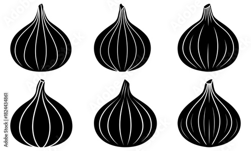 Six black and white fig fruit illustrations with vertical lines in a symmetrical arrangement style