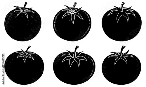 Illustration of six stylized black tomatoes with stems and leafy tops in a simple arrangement