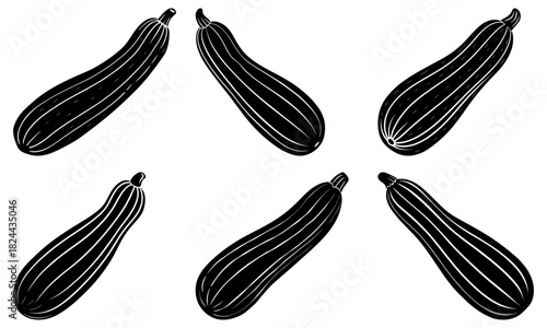 Six stylized black and white zucchini vegetables arranged in a symmetrical pattern on a white background