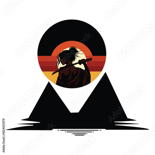 Samurai silhouette in black armor with a katana, samurai t-shirt design,