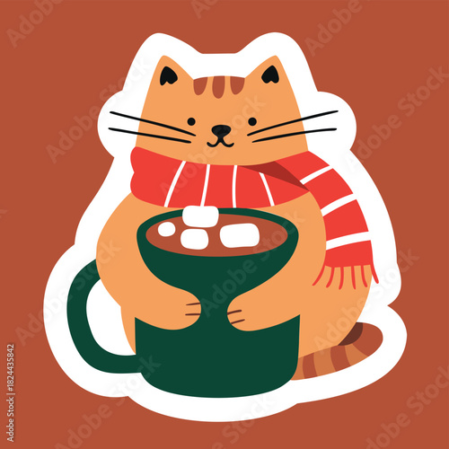 Cozy cartoon cat with a scarf enjoying a mug of hot chocolate with a marshmallow, a cute kawaii vector sticker for winter