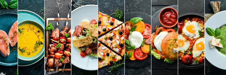 Background of food, drinks and dishes: pizza, breakfasts, lunches, soups and snacks. Photo collage, banner from photos.