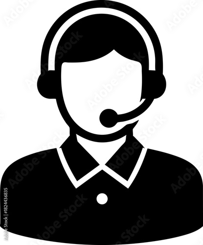 Black flat vector icon of a support agent with headset for customer service environments