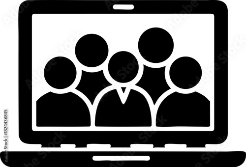Black flat vector icon showing a video conference group on a white background for online education