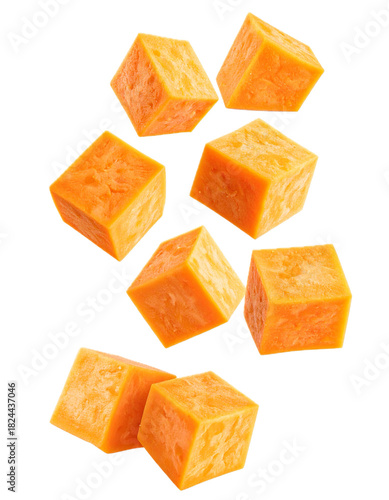 Falling sweet potato cube isolated on transparent background