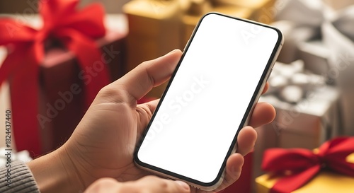 A person holds a smartphone with a blank white screen, with festive red and gold gift boxes in the blurred background.