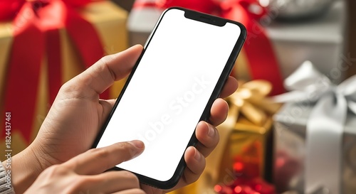 A person's hand holding a smartphone with a blank white screen, with festive Christmas gift boxes in the background.