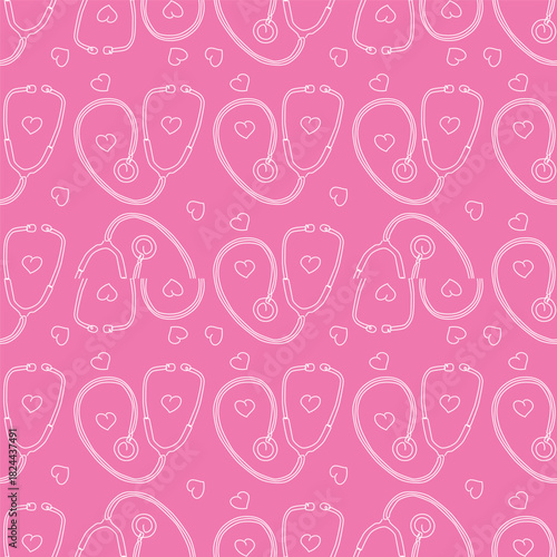 Outline stethoscope with heart symbol seamless pattern. Simple health care pattern background.