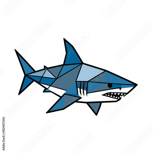 Stylized shark icon with geometric shapes in blue and grey color scheme