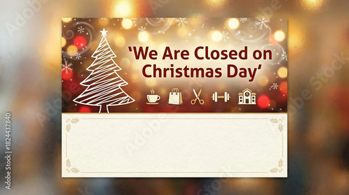 Christmas Day Closed Sign with Icons and Festive Lights, christmas, closed, sign, holiday, announcement, notice, business, shop, store, office, december, festive, lights, bokeh, tree, illustration, ic