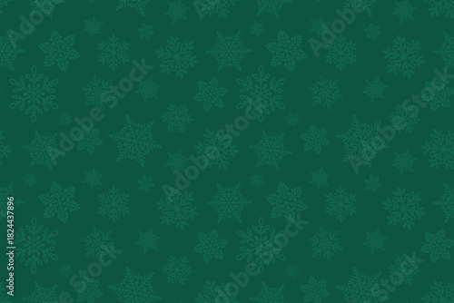 Green snowflakes seamless pattern. Christmas card with monochrome festive snowflakes pattern for textile, wrapping paper, invitations, packaging, cards. 