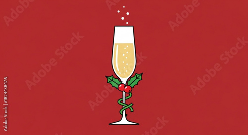 Illustration of a champagne flute decorated with holly and berries against a solid red background, perfect for holiday celebration themes