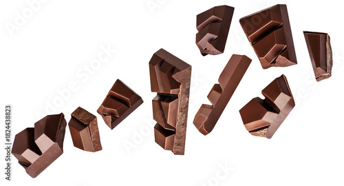  Levitating dark chocolate chunks isolated on white background. Broken chocolate bar pieces explotion. Chocolate splash Top view. Flat lay. 