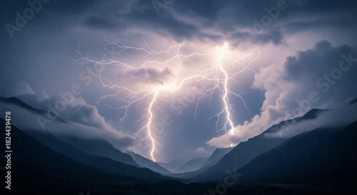 Dramatic Mountain Valley Silhouette Struck by Massive Forked Lightning During a Thunderstorm