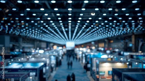 Large exhibition hall filled with visitors and illuminated booths under a ceiling of bright patterned lights creating a busy modern event atmosphere