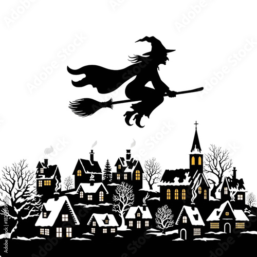 Silhouette of a Witch Flying Over a Snowy Village on a Winter Night.svg