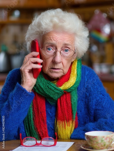 An elderly woman wearing a colorful scarf looks worried while talking on the phone. A cozy setting enhances the mood of the scene.