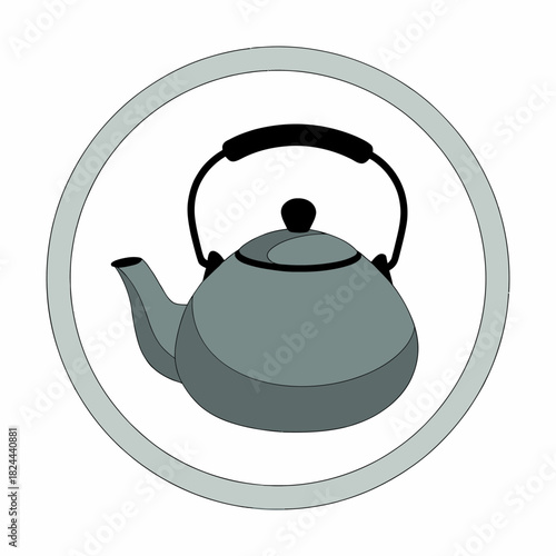 Classic Gray Tea Kettle Illustration with Black Handle and Spout Inside Gray Circle Border Design