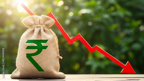 Indian rupee bag with red arrow indicating financial loss and economic downturn