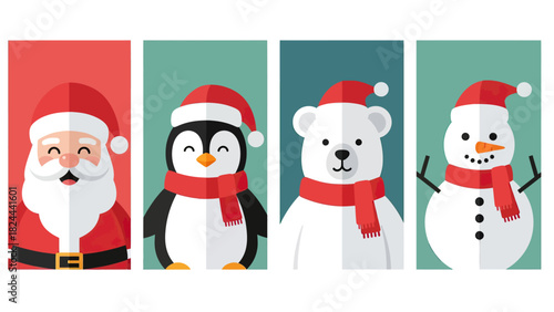“Flat vector illustration of four cute Christmas characters in clean minimal style: Santa Claus, penguin, polar bear, and snowman, each placed in separate vertical color panels. No shadows, no gradien