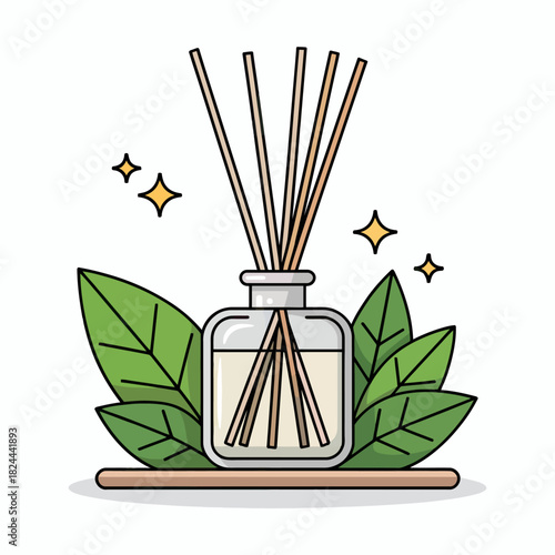 Elegant Aromatherapy Diffuser with Natural Sticks and Green Leaves Enhancing Home Fragrance and Relaxation