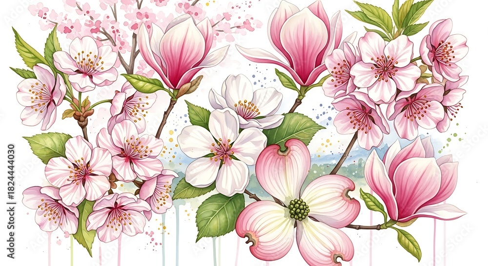 Fototapeta premium Watercolor floral arrangement of blossoming flowers and branches on white background