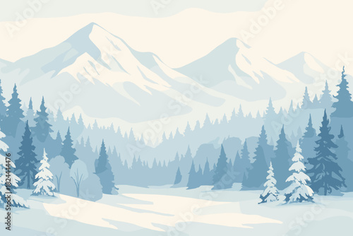 Serene Winter Landscape. Serene winter landscape features softly painted mountains and a quiet forest blanketed in snow. The muted color palette of cool blues and whites, with