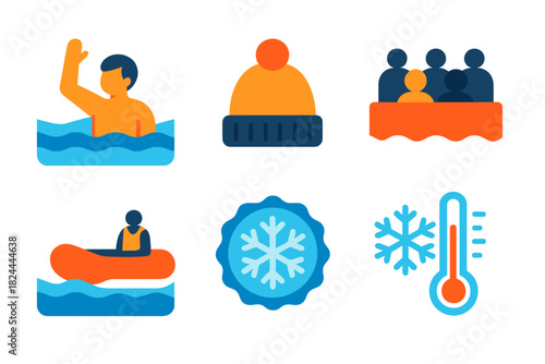 Arctic Swim Adventure. Arctic Dip Scene flat icon set: swimmer figure, ice block, winter beanie, event crowd, frosty water, rescue boat, snowflake badge, freezing thermometer