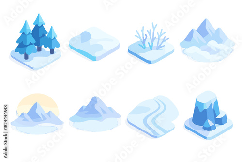 Isometric Winter Icons. Mountain Snow Scene flat icon set: alpine trees, snowdrifts, crisp horizon, frosted shrubs, misty peaks, ski trail, icy rock, morning glow