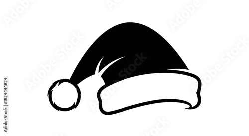 Black and white illustration of a Santa Claus hat with a white pom-pom and trim.
