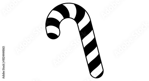 Black and white image of a candy cane, a traditional Christmas treat with a curved shape.