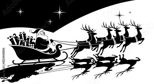 Santa Claus flying in his sleigh pulled by reindeer across a starry night sky over snowy hills, a classic Christmas illustration.