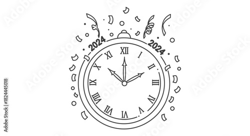 A black and white line drawing of a clock striking midnight, celebrating New Year's Eve 2024 with confetti.