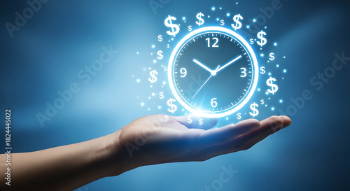 Hand holding glowing clock surrounded by dollar signs on a blue gradient background design concept