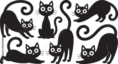 Various black cats in different poses with curly tails and big eyes on white background