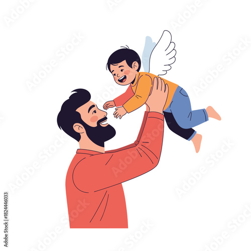 Father's joyous moment: uplifting his child with symbolic wings in cheerful affection