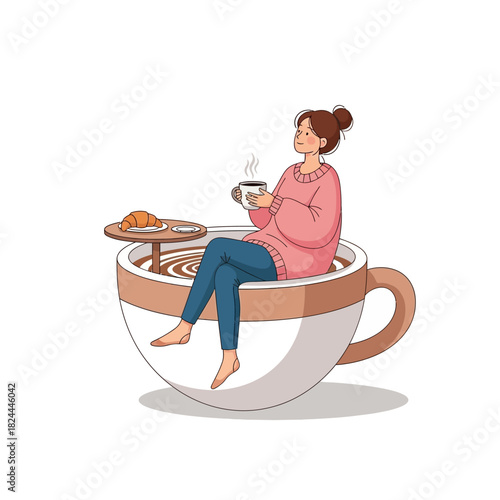 Whimsical coffee break with a young woman seated in an oversized espresso cup