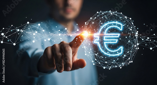 Man touching glowing euro symbol within digital network sphere on a dark background with a light flare