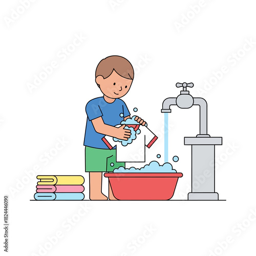 Little helper diligently washing clothes with frothy soap suds in a vibrant illustration