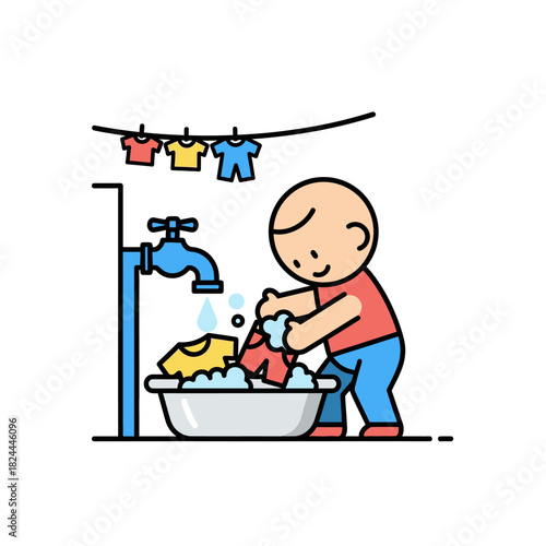 Cartoon illustration showcasing a baby doing laundry cheerfully in a simple style