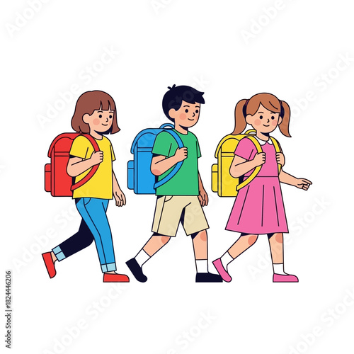 Cheerful school kids walking together, vibrant back to school illustration style with friendship
