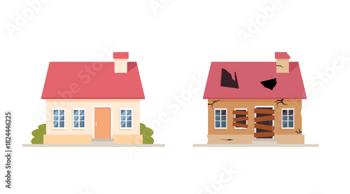 House before and after repair isolated oh white background. Old and new house concept. Vector stock