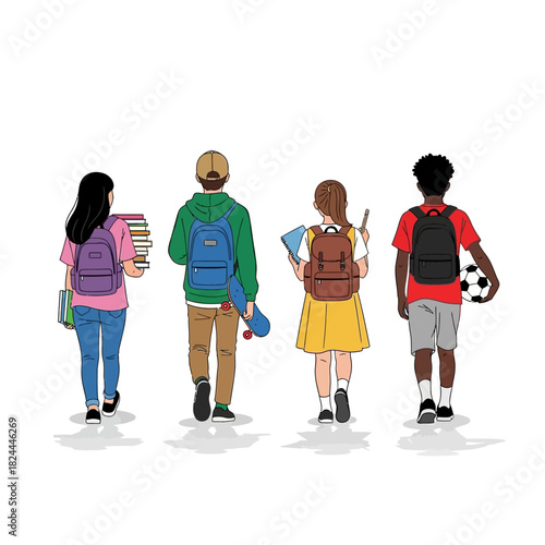 Diverse group of students walking to school with books and sports equipment together