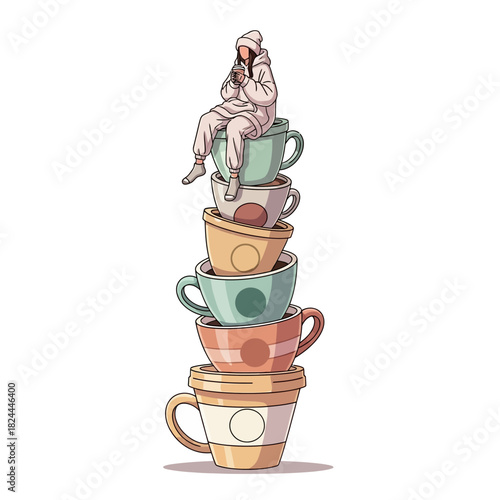 Whimsical stack of pastel mugs topped by a relaxed figure in cozy winter attire