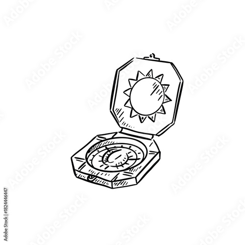 An open compass drawn by hand. Pirate themed.